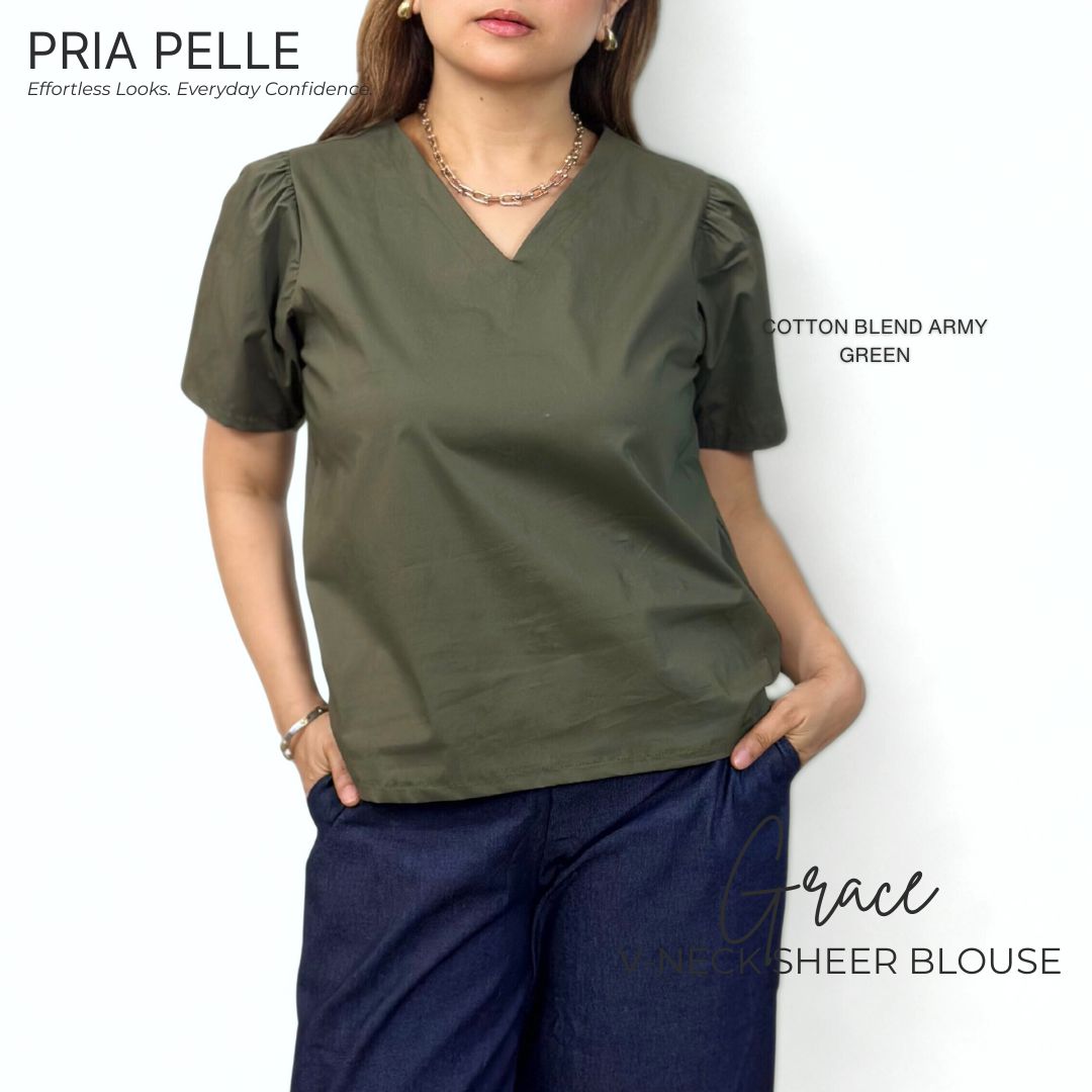 Pria Pelle Grace V-Neck Shirred Top - Cotton Blend Army Green