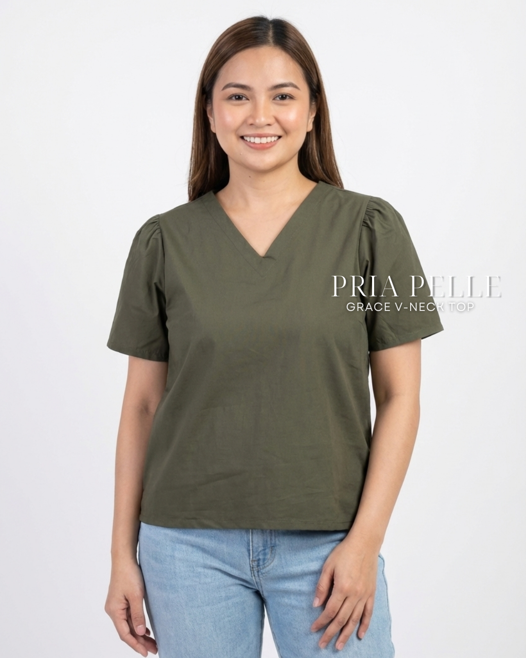 Pria Pelle Grace V-Neck Shirred Top - Cotton Blend Army Green
