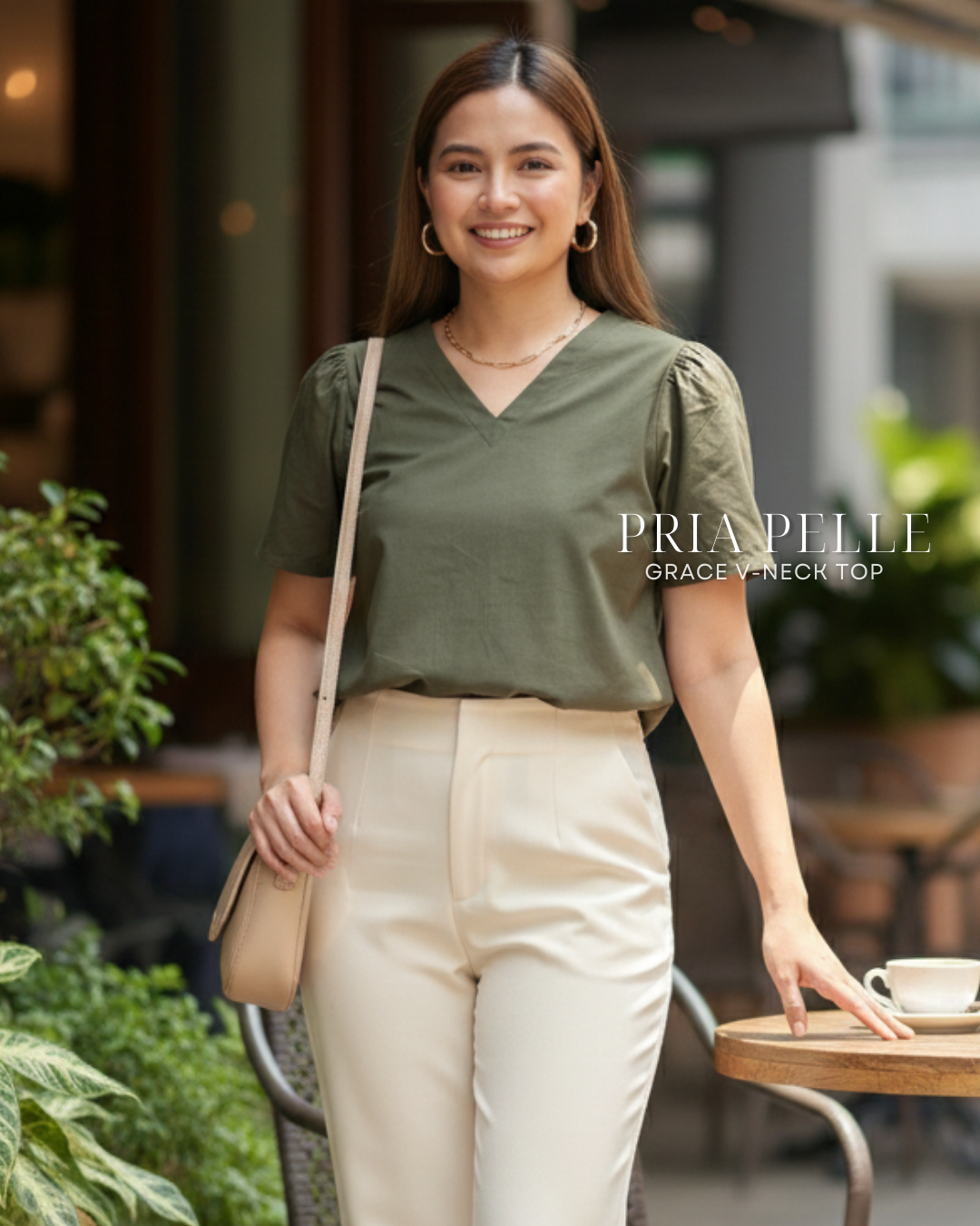 Pria Pelle Grace V-Neck Shirred Top - Cotton Blend Army Green