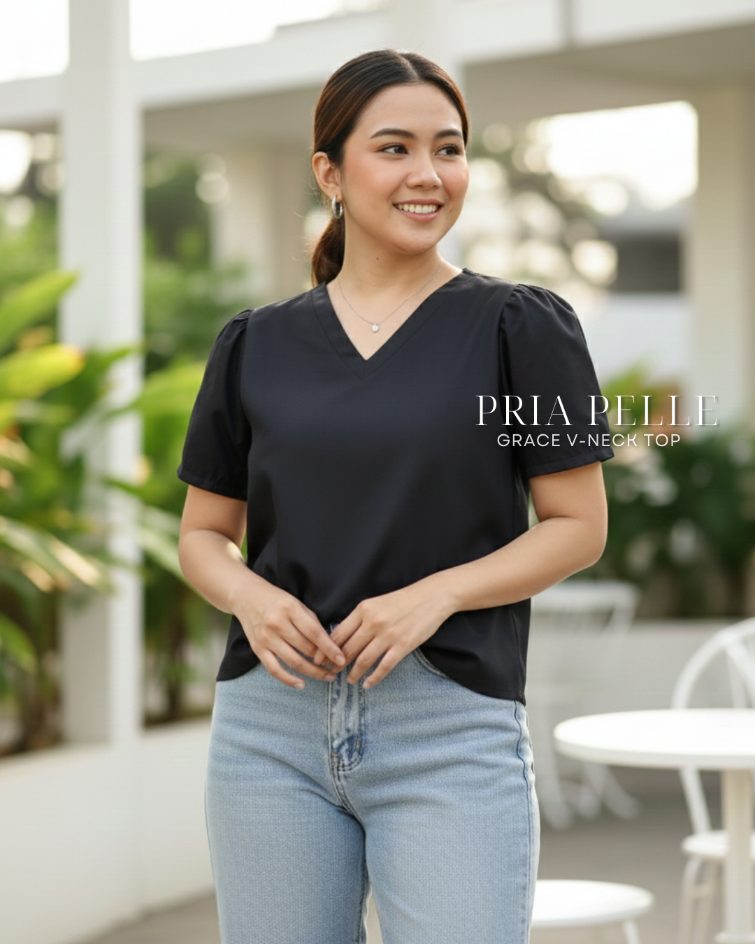 Pria Pelle Grace V-Neck Shirred Top - Twill Blend Black | Non Stretch