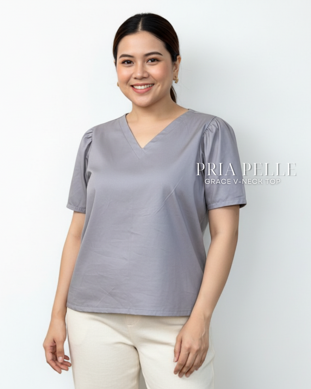 Pria Pelle Grace V-Neck Shirred Top - Cotton Blend Gray | Non Stretch
