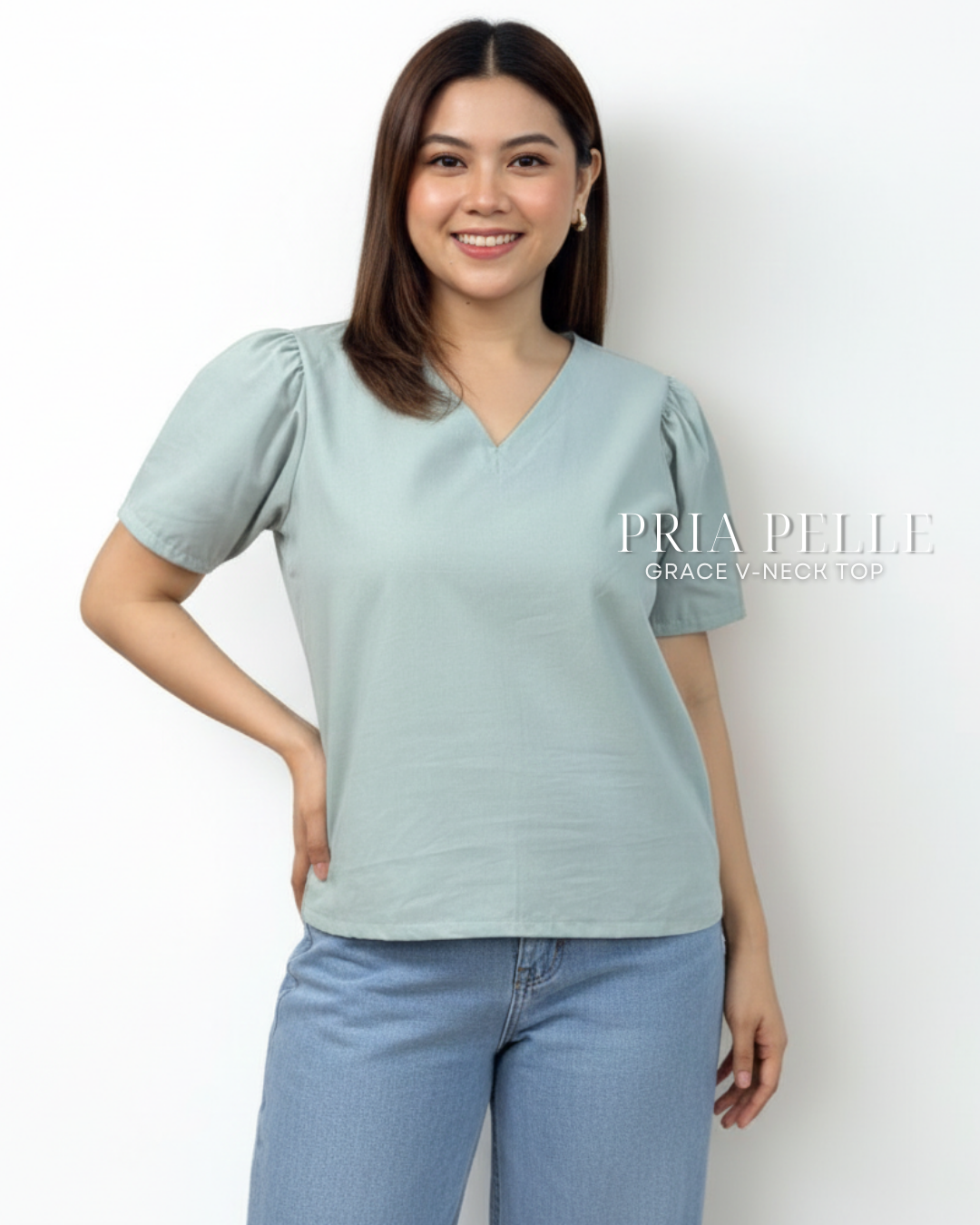 Pria Pelle Grace V-Neck Shirred Top - Twill Blend Light Sage