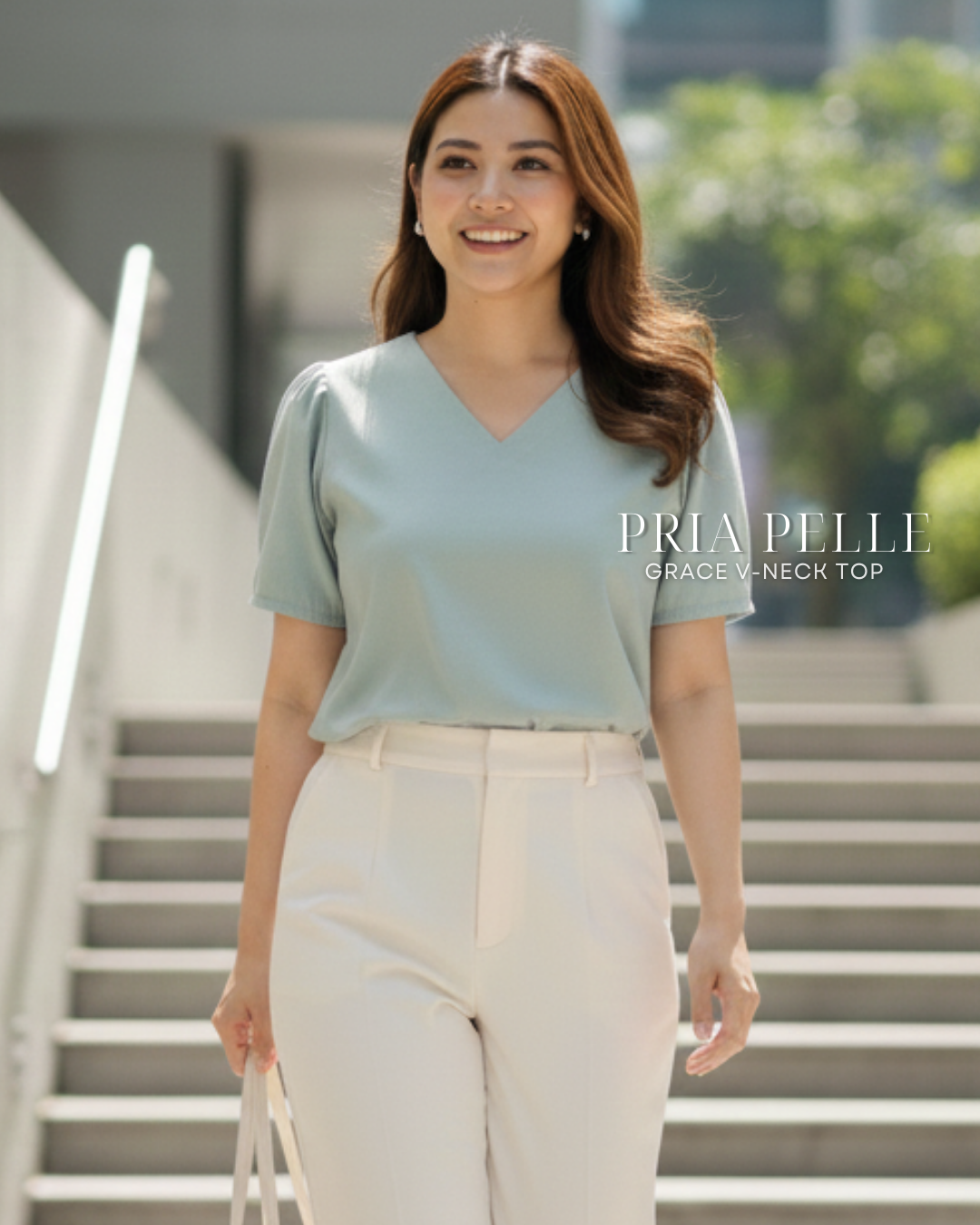 Pria Pelle Grace V-Neck Shirred Top - Twill Blend Light Sage