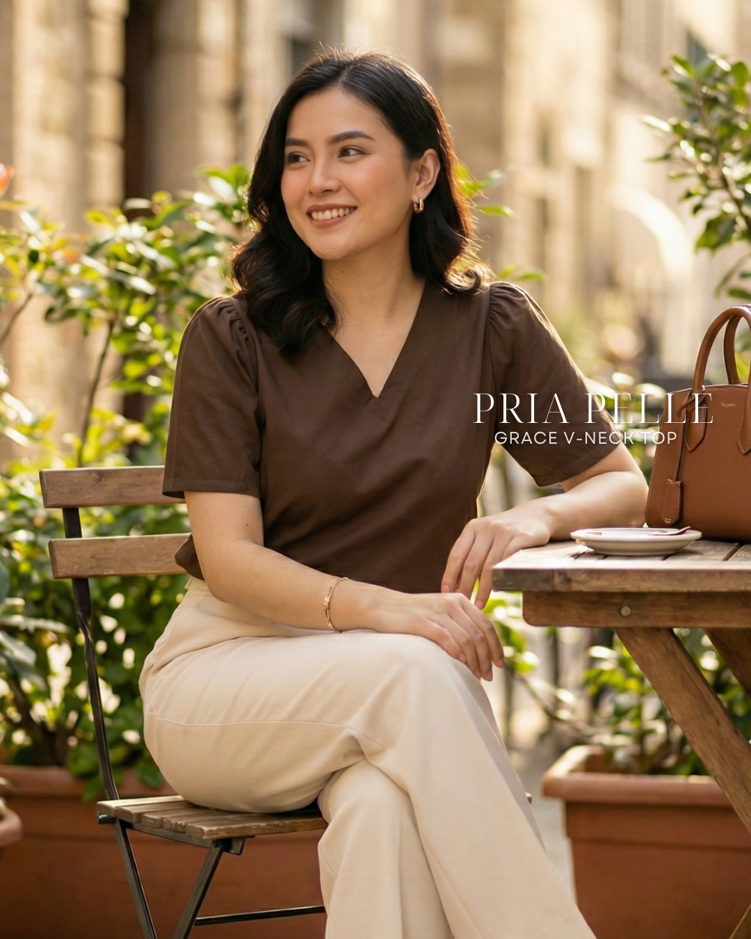 Pria Pelle Grace V-Neck Shirred Top - Cotton Blend Brown