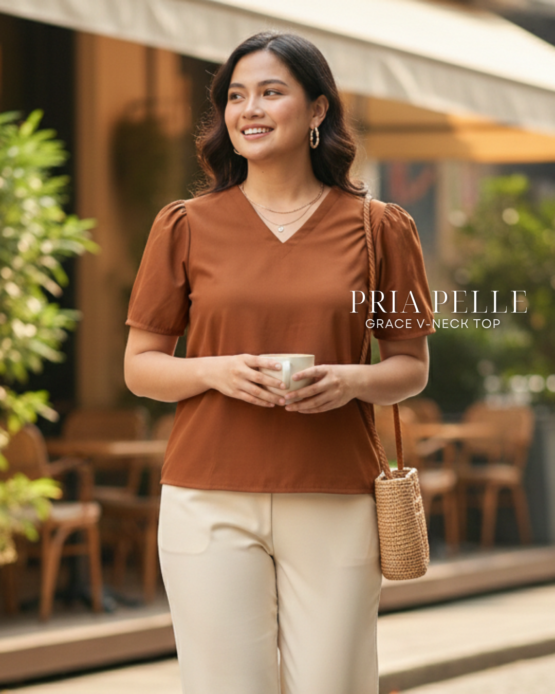 Pria Pelle Grace V-Neck Shirred Top - Twill Blend Rust