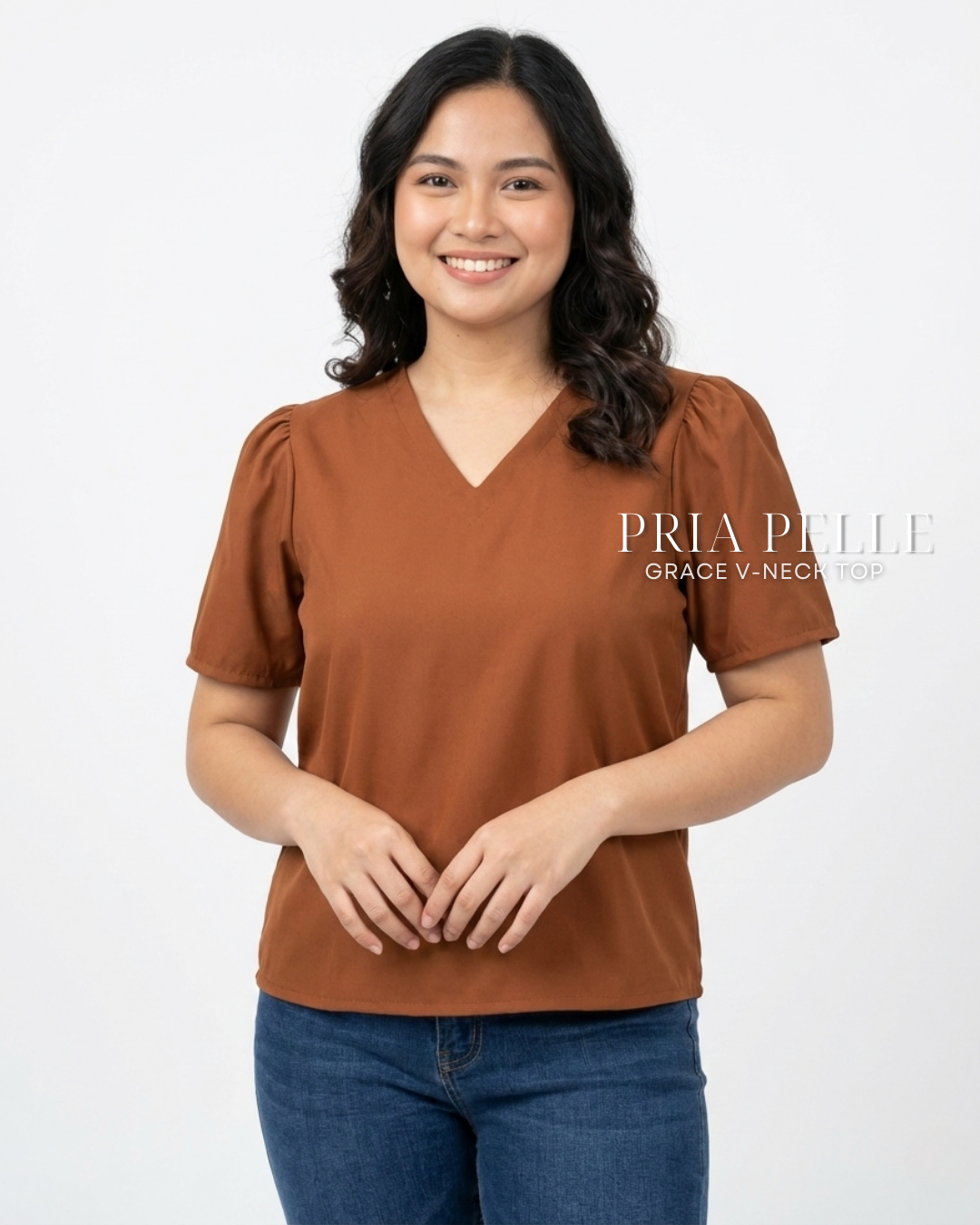 Pria Pelle Grace V-Neck Shirred Top - Twill Blend Rust