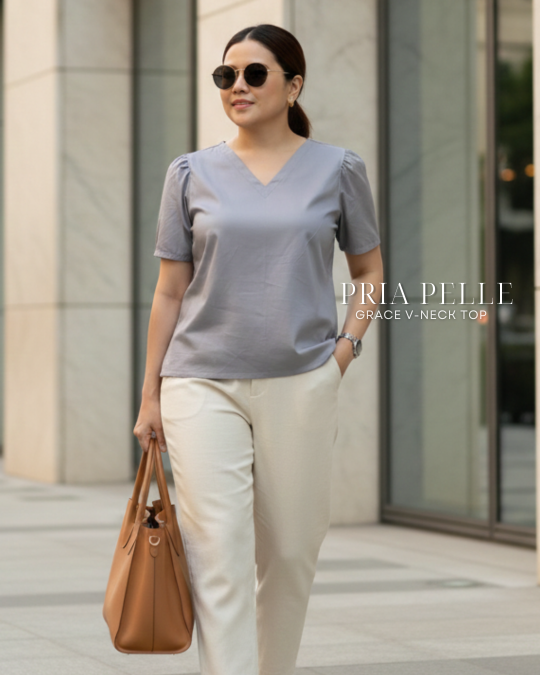 Pria Pelle Grace V-Neck Shirred Top - Cotton Blend Gray | Non Stretch