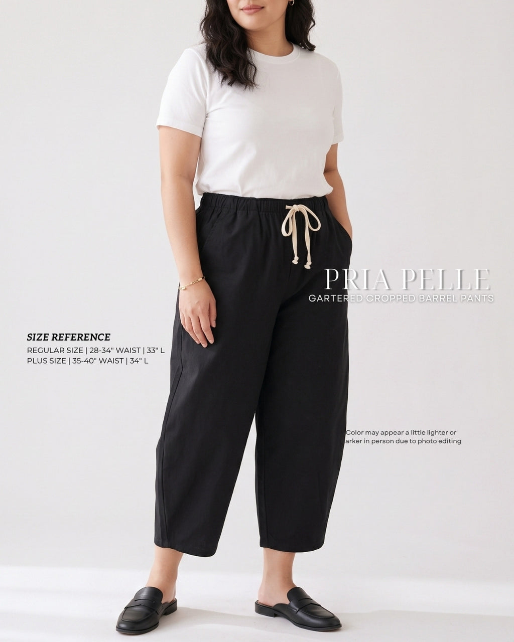 Pria Pelle FULLY GARTERED Cropped Barrel Pants with Drawstring - Cotton Blend MATTE BLACK with Slight Stretch Allowance