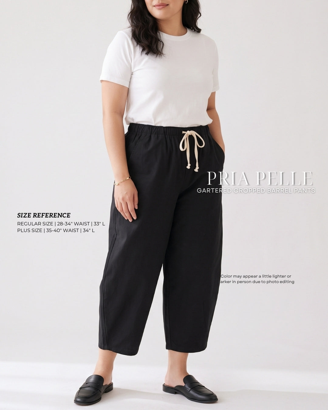 Pria Pelle FULLY GARTERED Cropped Barrel Pants with Drawstring - Cotton Blend MATTE BLACK with Slight Stretch Allowance
