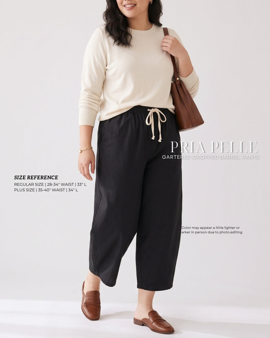 Pria Pelle FULLY GARTERED Cropped Barrel Pants with Drawstring - Cotton Blend MATTE BLACK with Slight Stretch Allowance