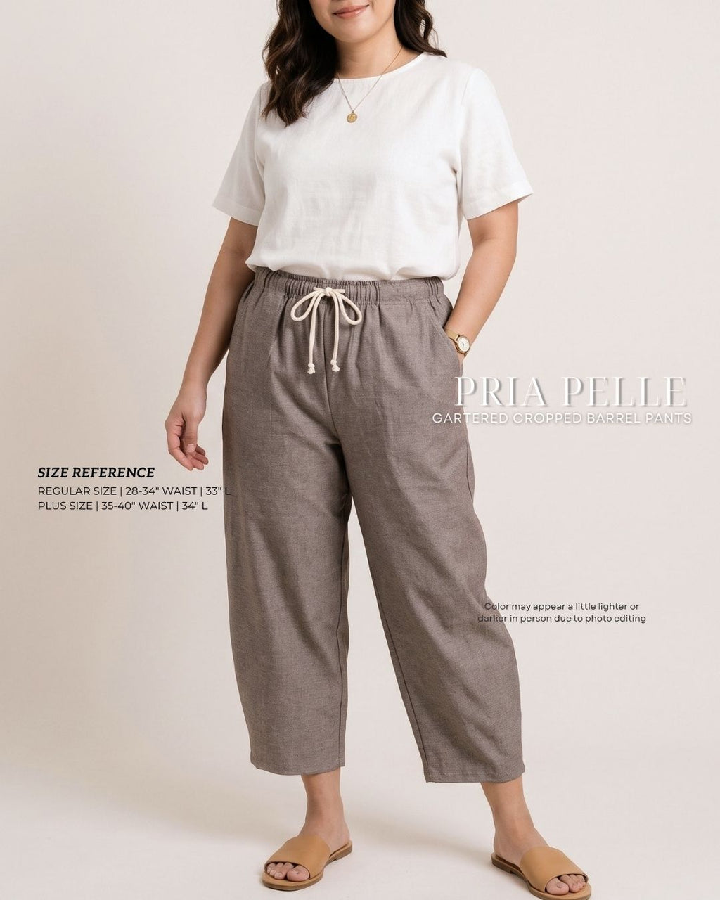 Pria Pelle FULLY GARTERED Cropped Barrel Pants with Drawstring - Denim Blend Earthy Taupe | Non Stretch