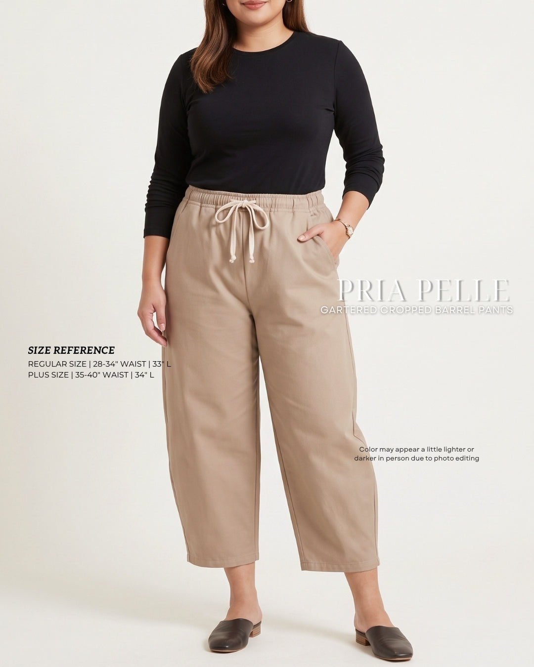 Pria Pelle FULLY GARTERED Cropped Barrel Pants with Drawstring - Cotton Blend TAN with Stretch Allowance