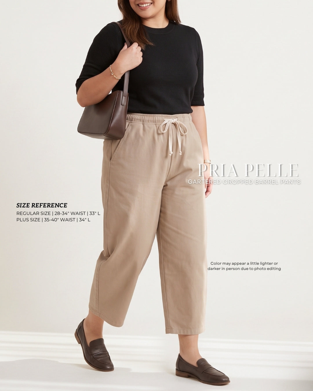 Pria Pelle FULLY GARTERED Cropped Barrel Pants with Drawstring - Cotton Blend TAN with Stretch Allowance