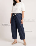 Pria Pelle FULLY GARTERED Cropped Barrel Pants with Drawstring - DENIM DARK BLUE | Non Stretch