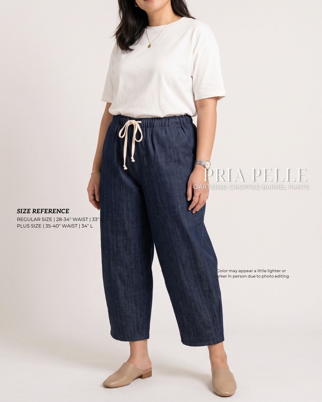 Pria Pelle FULLY GARTERED Cropped Barrel Pants with Drawstring - DENIM DARK BLUE | Non Stretch