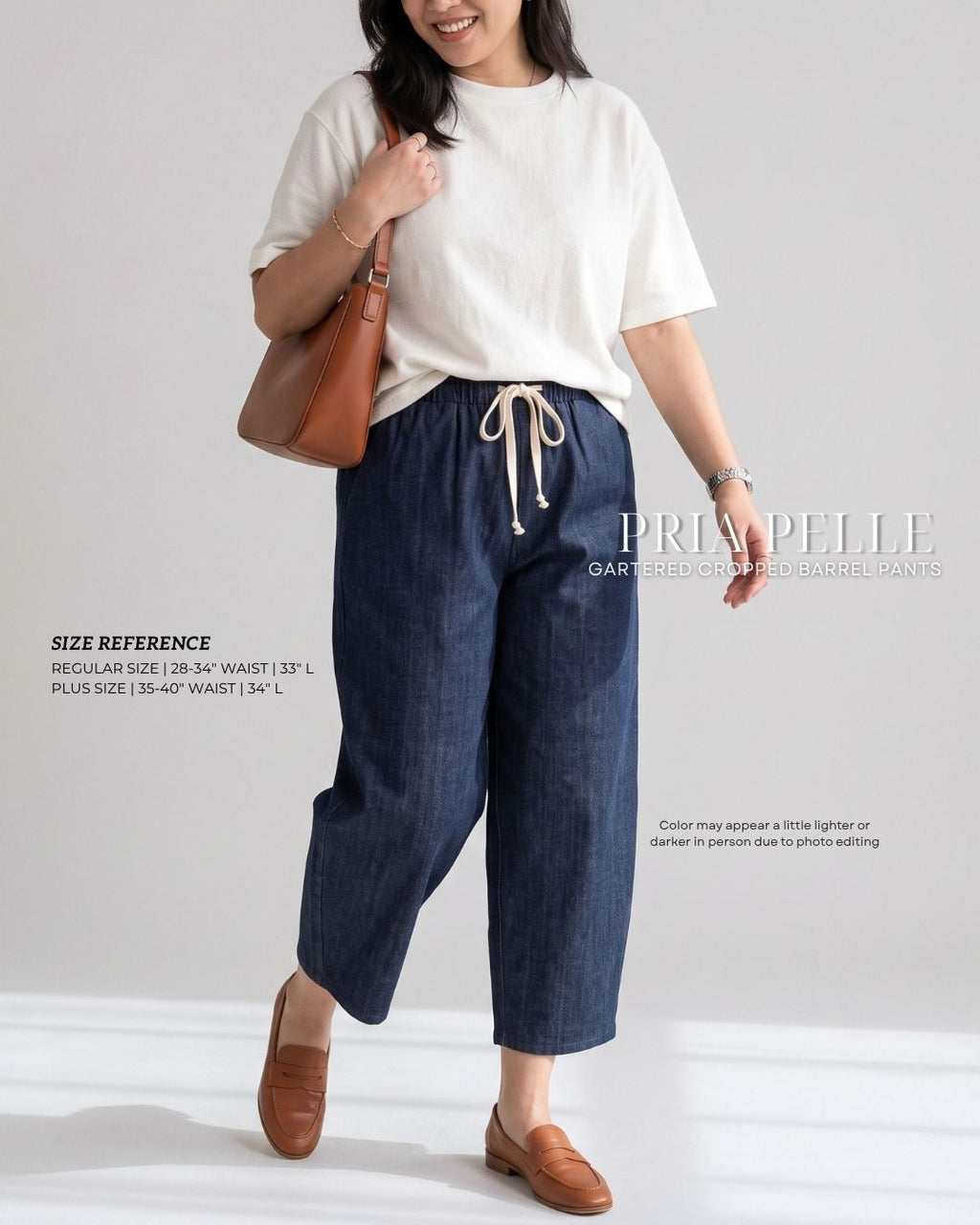 Pria Pelle FULLY GARTERED Cropped Barrel Pants with Drawstring - DENIM DARK BLUE | Non Stretch