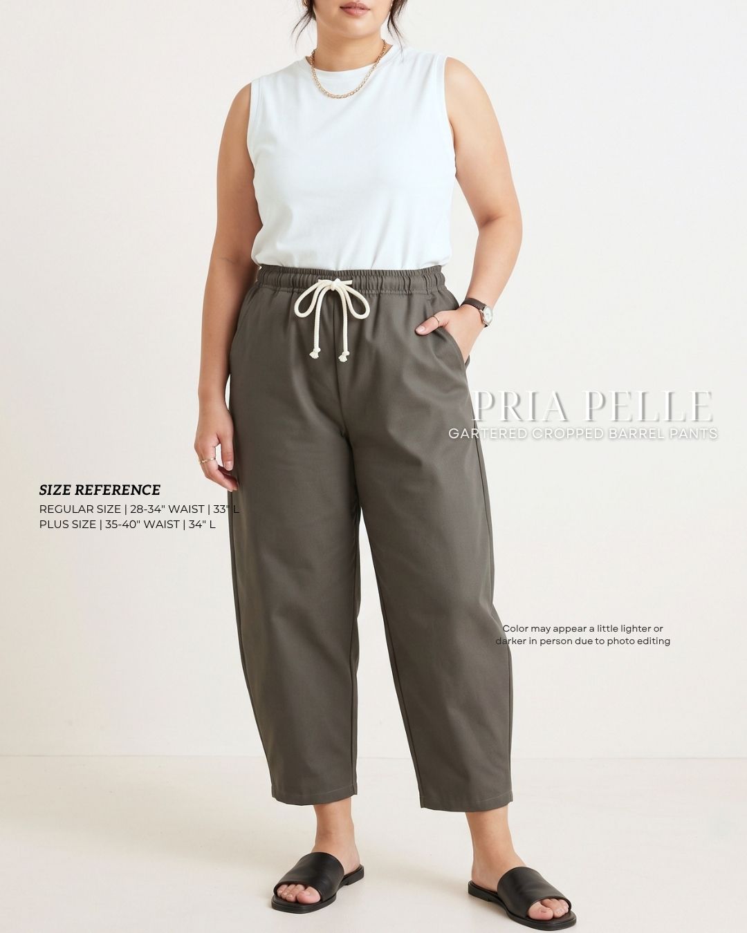 Pria Pelle FULLY GARTERED Cropped Barrel Pants with Drawstring - Cotton Blend DARK GRAY OLIVE with Stretch Allowance