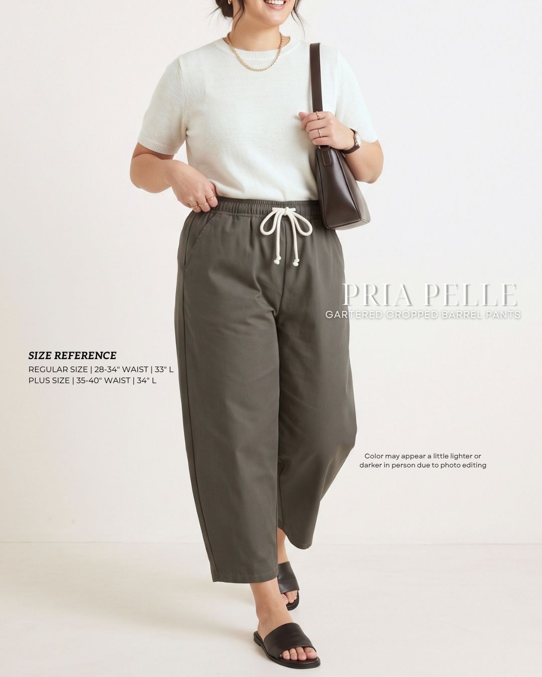 Pria Pelle FULLY GARTERED Cropped Barrel Pants with Drawstring - Cotton Blend DARK GRAY OLIVE with Stretch Allowance