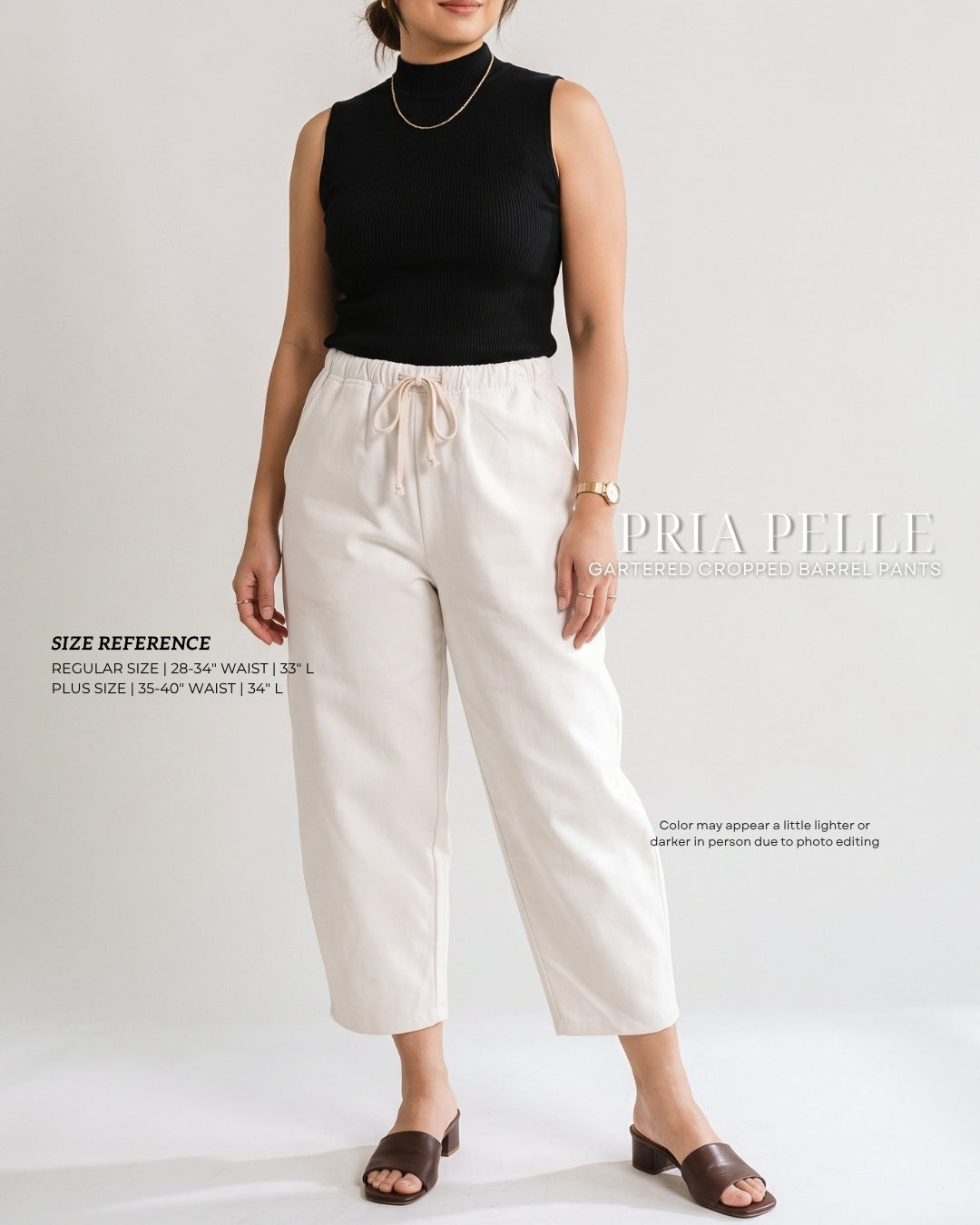 Pria Pelle FULLY GARTERED Cropped Barrel Pants with Drawstring - Cotton Blend WARM WHITE with Stretch Allowance