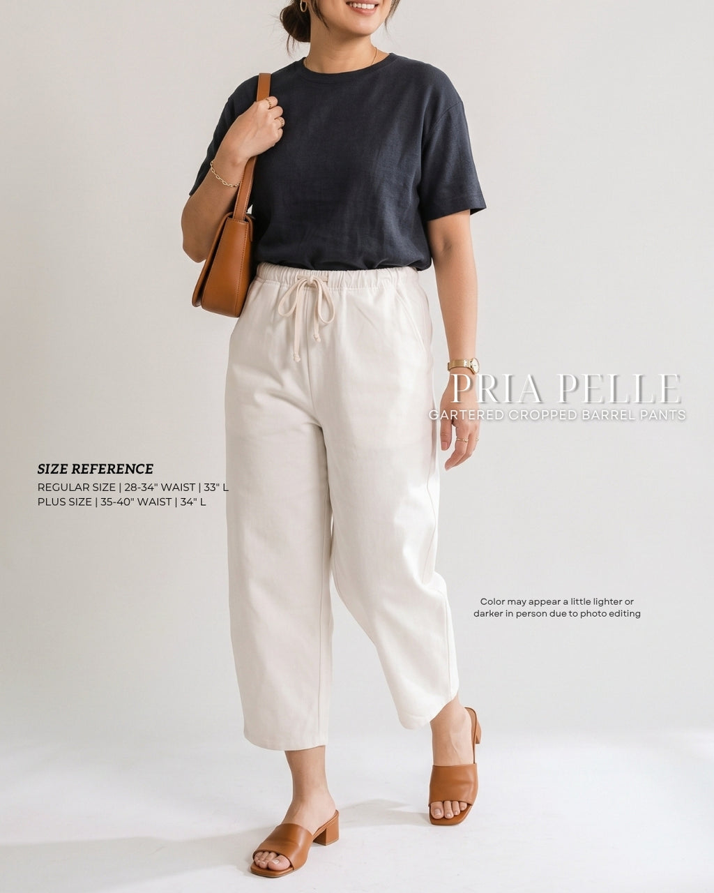 Pria Pelle FULLY GARTERED Cropped Barrel Pants with Drawstring - Cotton Blend WARM WHITE with Stretch Allowance