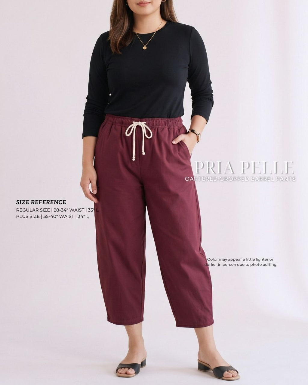 Pria Pelle FULLY GARTERED Cropped Barrel Pants with Drawstring - Cotton Twill WINE RED | Non Stretch
