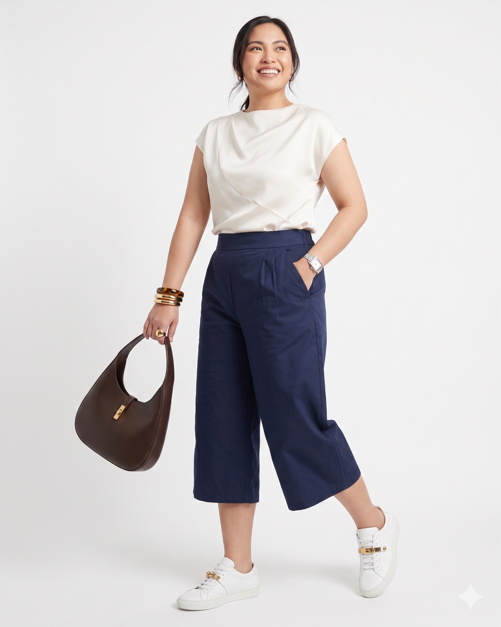 Pria Pelle Capri Culottes Pants | Back garter - Cotton Twill Midnight Blue | Non Stretch