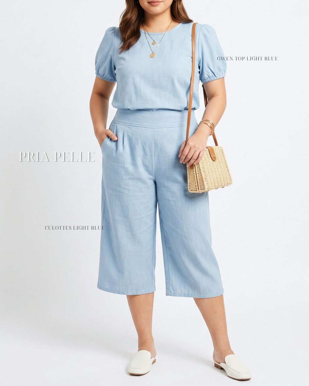 Pria Pelle Capri Culottes Pants | Back garter - Denim Blend Light Gray with Stretch