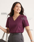 Pria Pelle Grace V-Neck Shirred Top - Cotton Blend Acid Maroon | Non Stretch