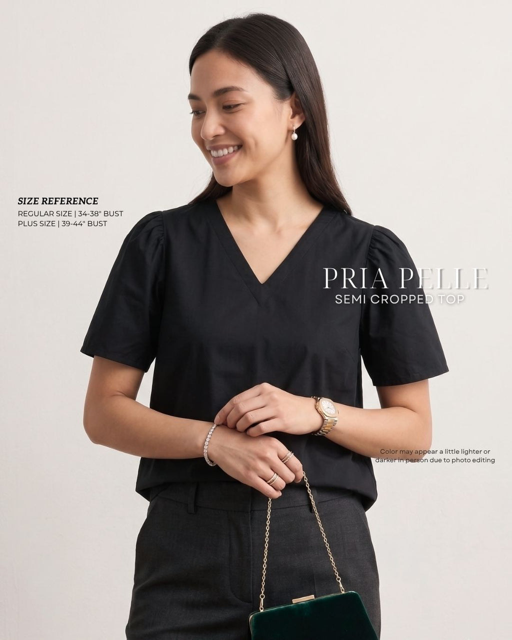 Pria Pelle Grace V-Neck Shirred Top - Cotton Blend Black (Sheen Finish) | Non Stretch