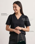 Pria Pelle Grace V-Neck Shirred Top - Cotton Blend Black (Sheen Finish) | Non Stretch