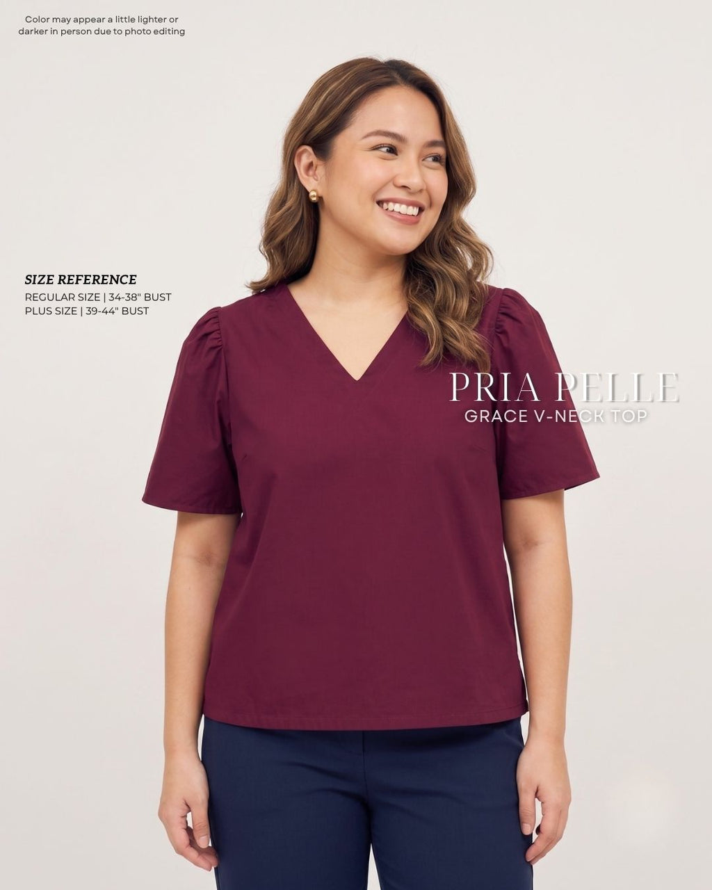 Pria Pelle Grace V-Neck Shirred Top - Linen Blend Burgundy | Non Stretch