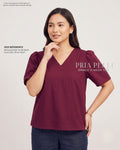 Pria Pelle Grace V-Neck Shirred Top - Linen Blend Burgundy | Non Stretch