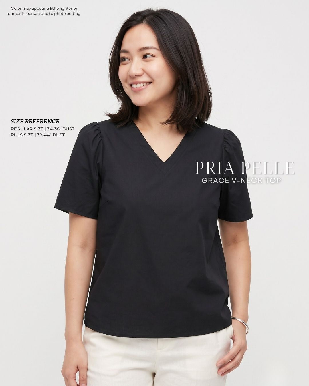 Pria Pelle Grace V-Neck Shirred Top - Linen Blend Black | Non Stretch