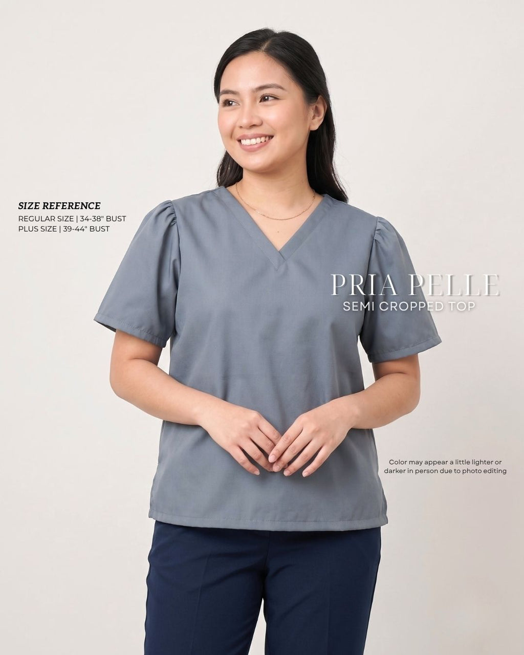 Pria Pelle Grace V-Neck Shirred Top - Cotton Blend Slate Gray | Non Stretch