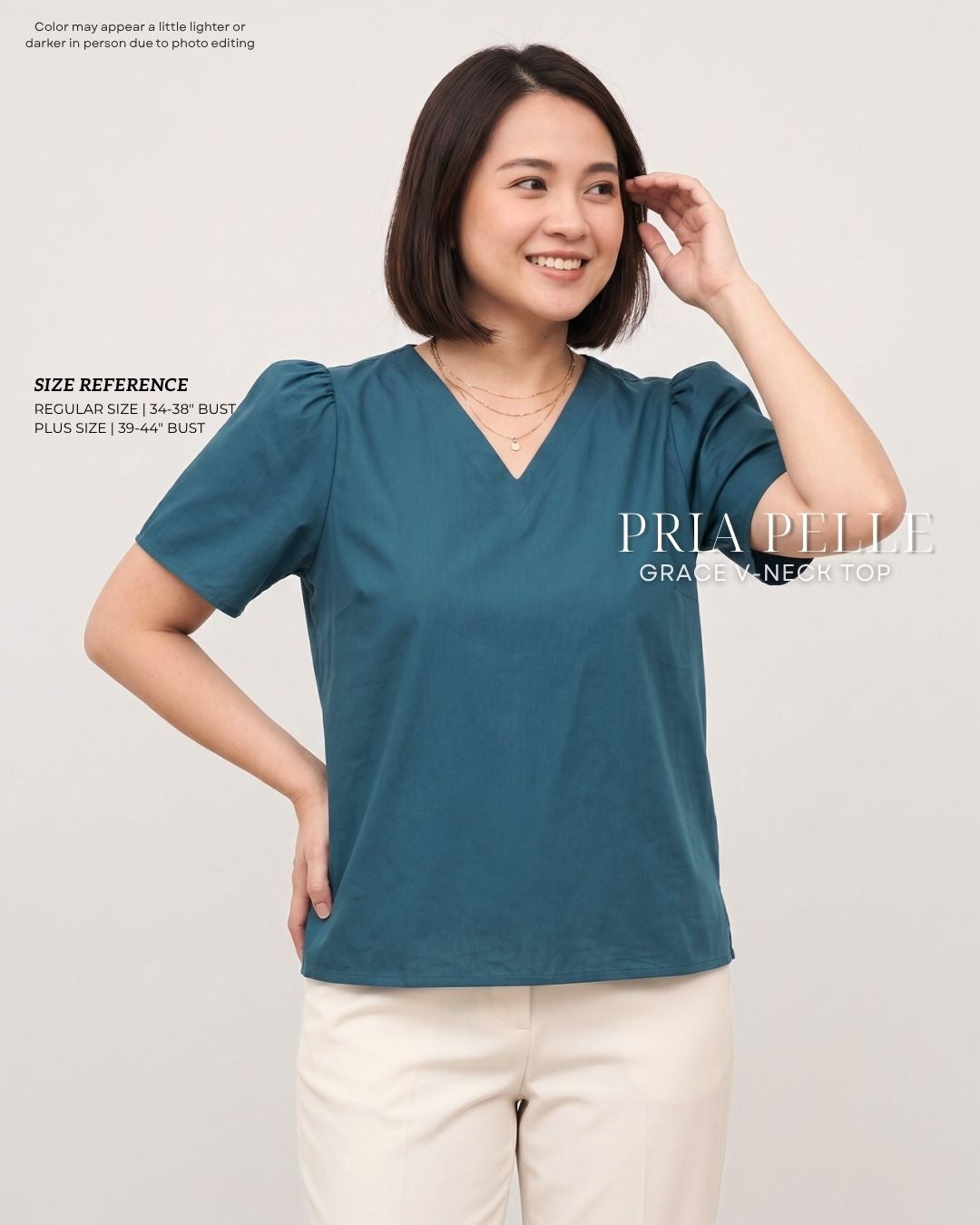 Pria Pelle Grace V-Neck Shirred Top - Cotton Blend Dark Teal | Non Stretch