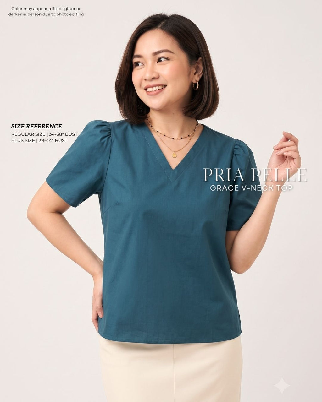 Pria Pelle Grace V-Neck Shirred Top - Cotton Blend Dark Teal | Non Stretch
