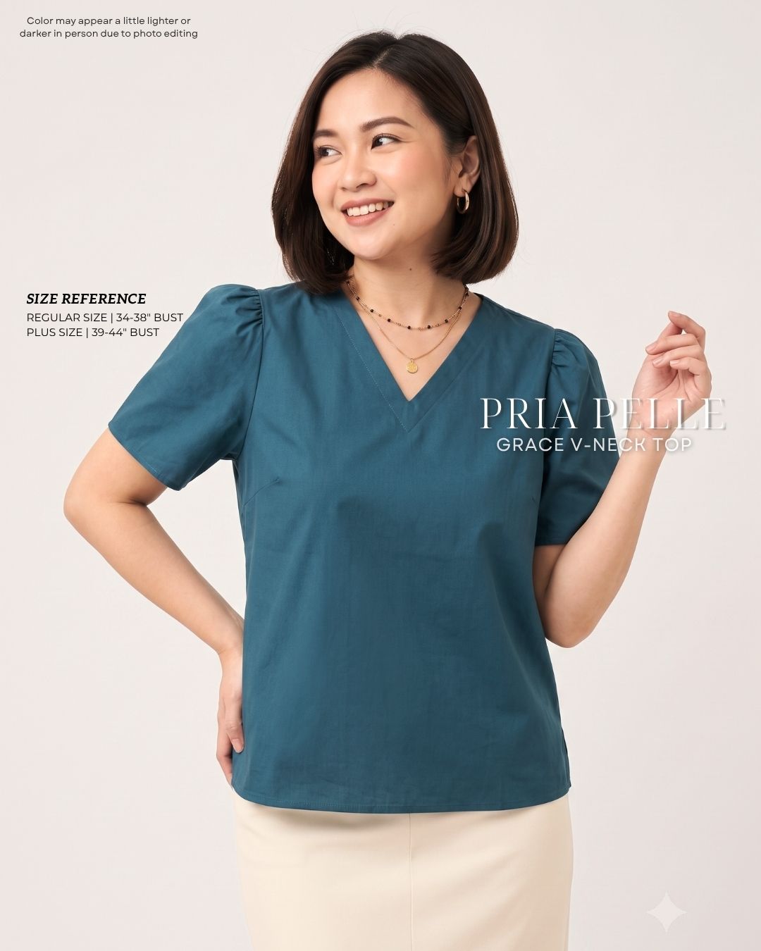 Pria Pelle Grace V-Neck Shirred Top - Cotton Blend Dark Teal | Non Stretch