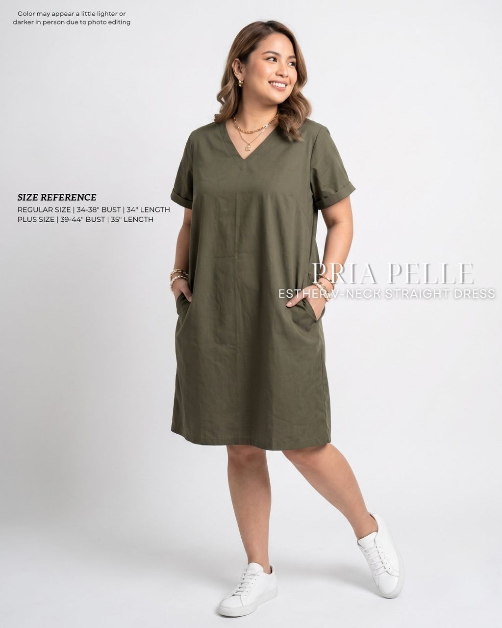 Pria Pelle Esther V-Neck Straight Dress | Cotton Blend Army Green - Non Stretch