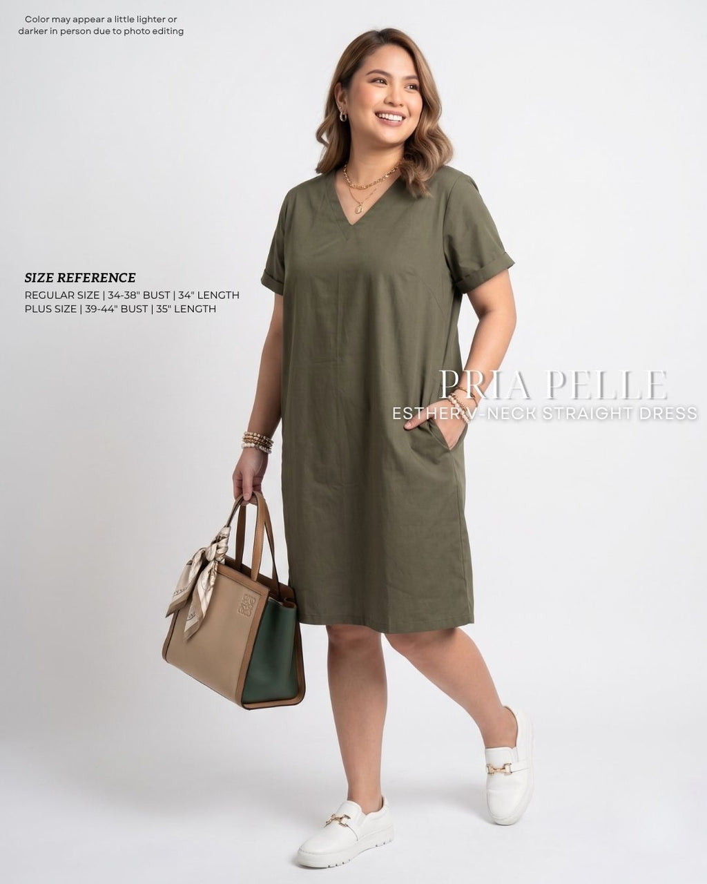 Pria Pelle Esther V-Neck Straight Dress | Cotton Blend Army Green - Non Stretch