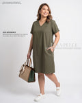 Pria Pelle Esther V-Neck Straight Dress | Cotton Blend Army Green - Non Stretch