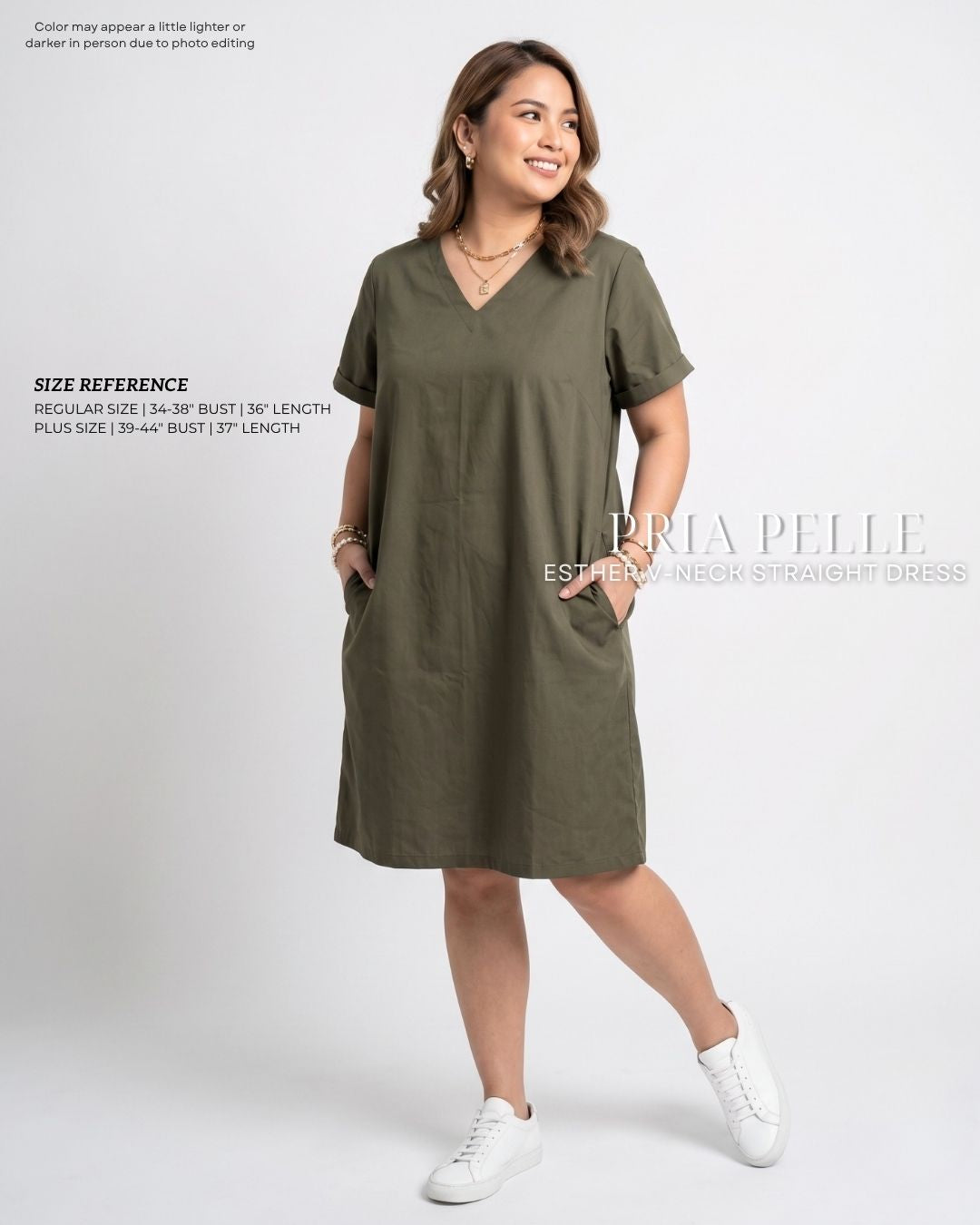 Pria Pelle Esther V-Neck Straight Dress | Cotton Blend Army Green - Non Stretch
