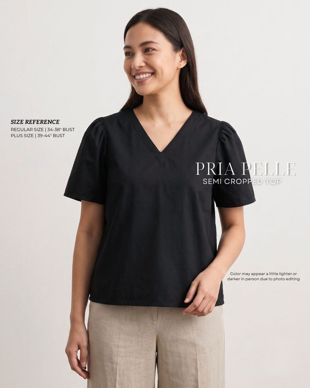 Pria Pelle Grace V-Neck Shirred Top - Cotton Blend Black (Sheen Finish) | Non Stretch