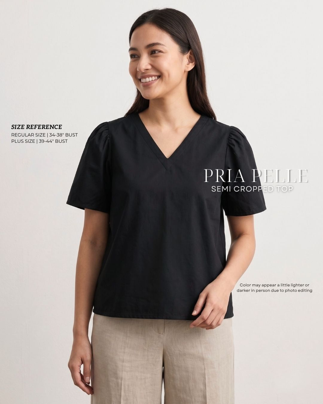Pria Pelle Grace V-Neck Shirred Top - Cotton Blend Black (Sheen Finish) | Non Stretch
