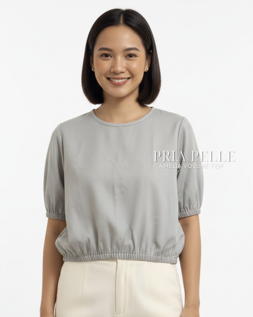 Pria Pelle Amelia Volume Top - Cotton Blend Gray (Subtle Herringbone Stripes) | Non Stretch