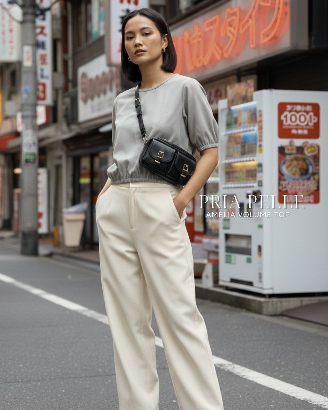 Pria Pelle Amelia Volume Top - Cotton Blend Gray (Subtle Herringbone Stripes) | Non Stretch