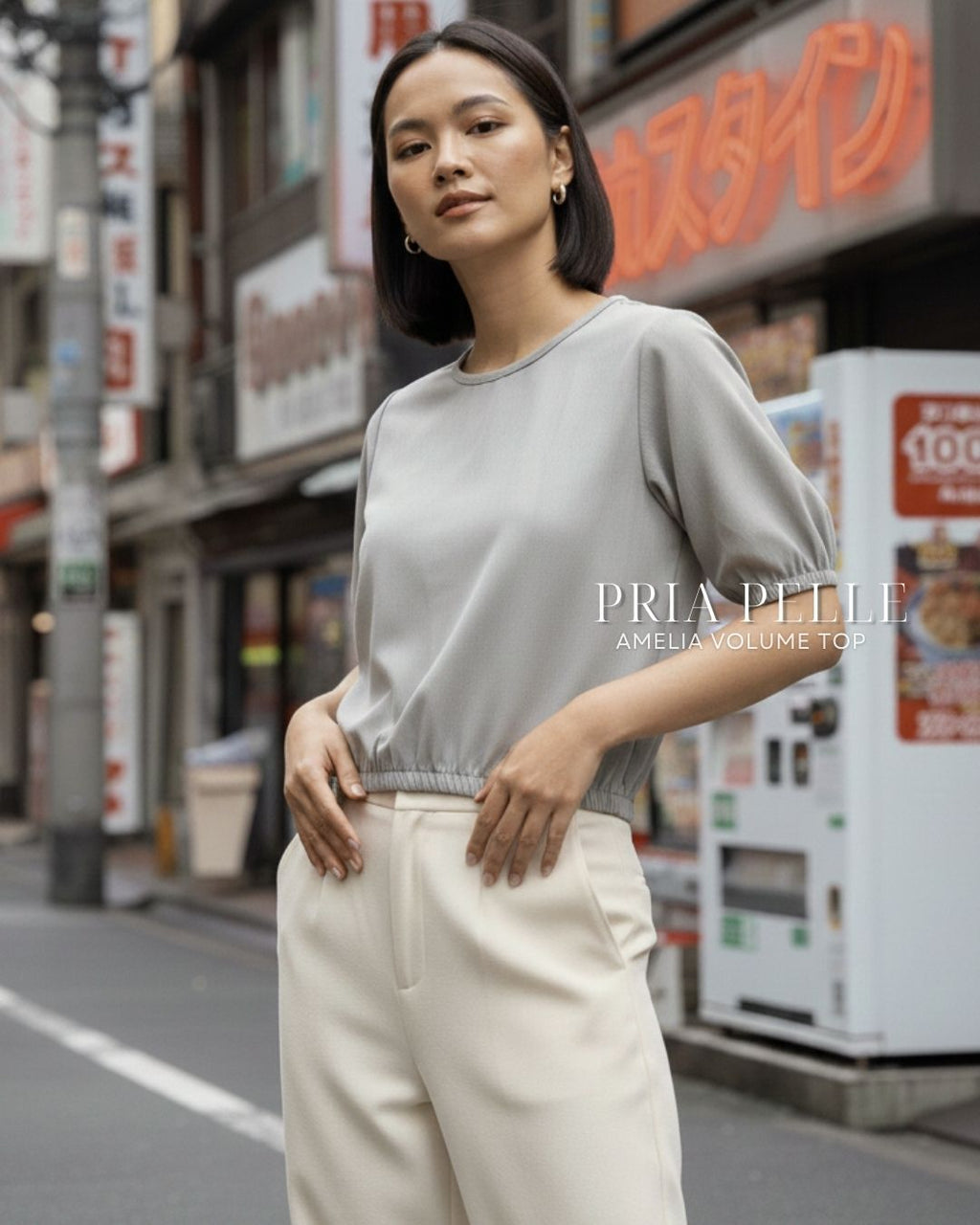 Pria Pelle Amelia Volume Top - Cotton Blend Gray (Subtle Herringbone Stripes) | Non Stretch