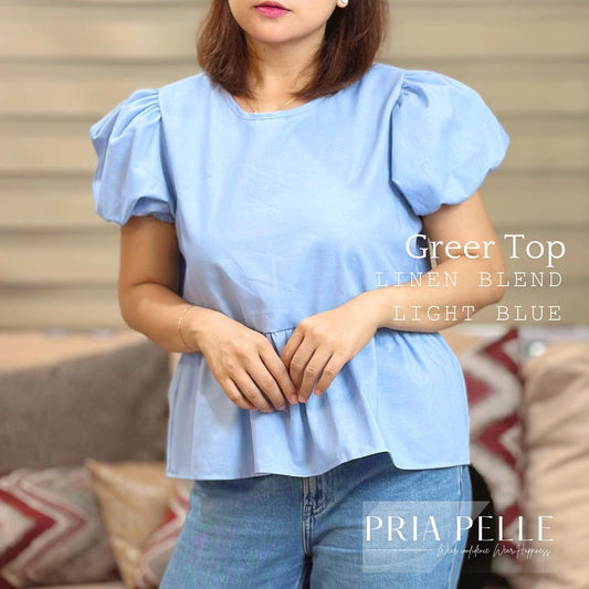 Pria Pelle Greer Top - Premium Linen Blend Women's Blouse in Light Blue (Peplum Style with Gartered Sleeves - Non Stretch)