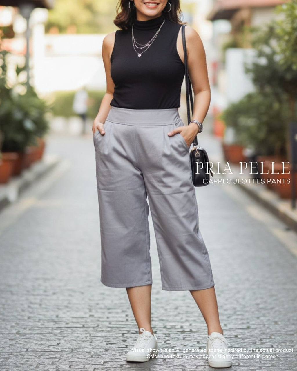 Pria Pelle Capri Culottes Pants | Back garter - Cotton Twill Fine Gray