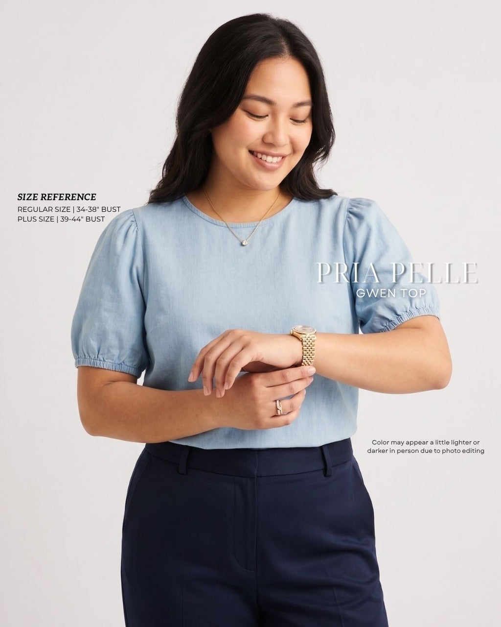 Pria Pelle Gwen Elegant Top | Denim Blend Light Blue with Stretch