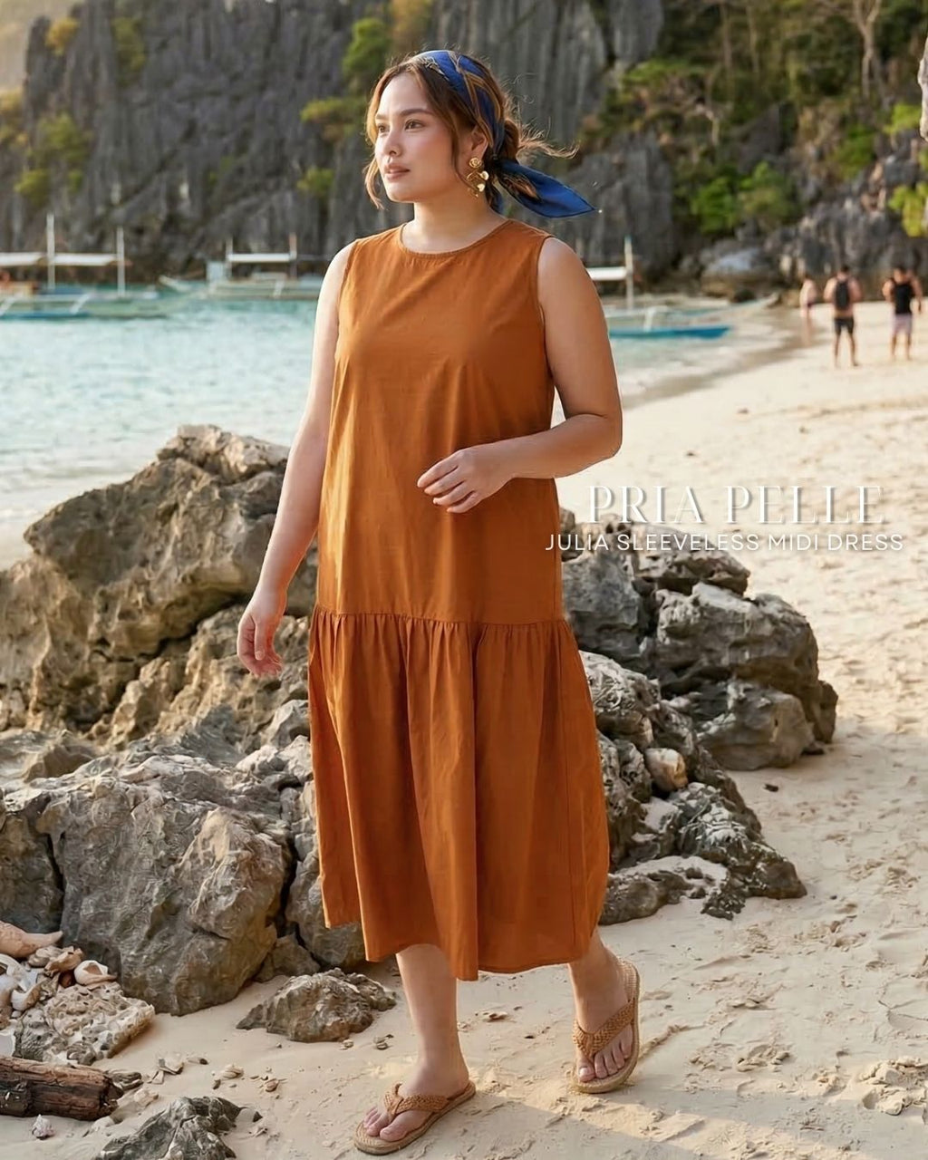 Pria Pelle Julia Sleeveless Midi Dress - Cotton Blend Caramel Rust | Non Stretch